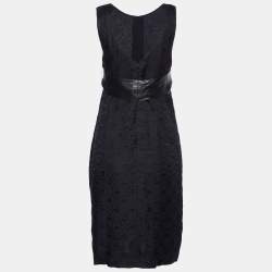 Chanel Black Patterned Sleeveless Belted Midi Dress M