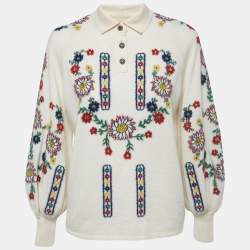 Pre Owned Chanel Cream Floral Patterned Wool Pullover M