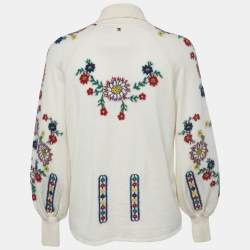 Pre Owned Chanel Cream Floral Patterned Wool Pullover M