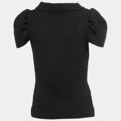 Chanel Black Patterned Wool Knit Cap Sleeve Top M