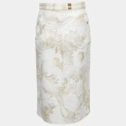 Pre Owned Chanel White Printed Denim Zip Front Midi Skirt M