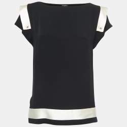 مملوكة مسبقًا Chanel Black Silk Crepe Contrast Detail Blouse M