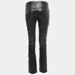 Pre Owned Chanel Black Camelia Applique Leather Pants M
