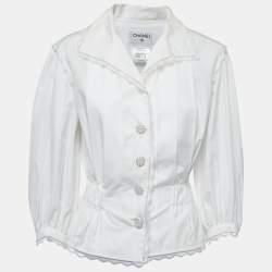 Pre Owned Chanel White Cotton Pleated & Gathered Button Front Blouse M
