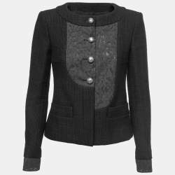 Chanel Black Cotton & Lace Button Front Collarless Jacket S