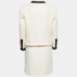 Pre Owned Chanel Cream Boucle Wool Leather Trimmed Salzburg Skirt Suit L/M