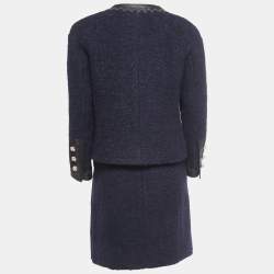 Pre Owned Chanel Navy Blue Boucle Wool Leather Trimmed Salzburg Skirt Suit L/M