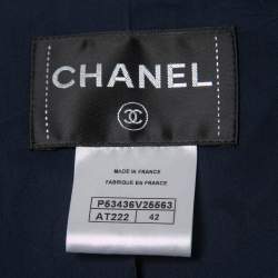 Chanel Navy Blue Terry Calfskin Trimmed Mid-Length Coat L