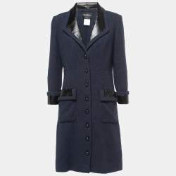 Chanel Navy Blue Terry Calfskin Trimmed Mid-Length Coat L