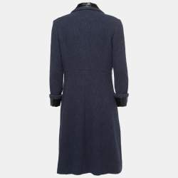 Chanel Navy Blue Terry Calfskin Trimmed Mid-Length Coat L