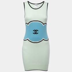 Pre Owned Chanel Blue/Green Logo Intarsia Cashmere Sleeveless Knit Dress S