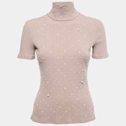 Chanel Pink Rib Knit Pearl Embellished High Neck Top M