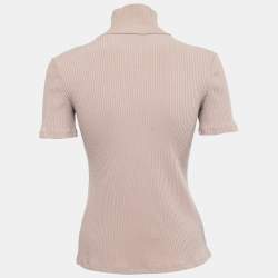 Chanel Pink Rib Knit Pearl Embellished High Neck Top M