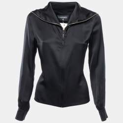 Chanel Black Satin Silk Zip Front Long Sleeve Blouse M