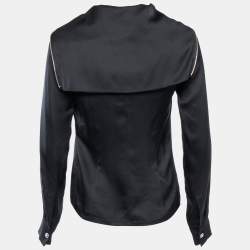 Chanel Black Satin Silk Zip Front Long Sleeve Blouse M
