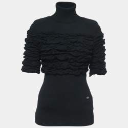 Chanel Black Wool Shirred Turtle Neck Sweater Top S