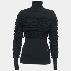 Chanel Black Wool Shirred Turtle Neck Sweater Top S