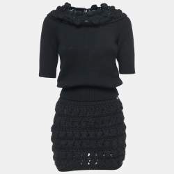 Pre Owned Chanel Black Cashmere Wool Knit Top & Skirt Set S