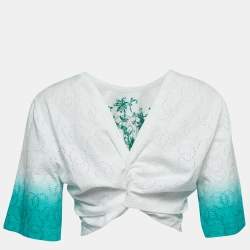 Chanel White/Green Ombre Cotton Knit Twisted Logo Cutout Crop Top S