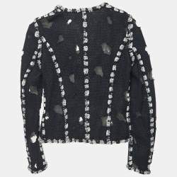 Pre Owned Chanel Navy Blue Tweed Iconic Distressed Zip Front Jacket M