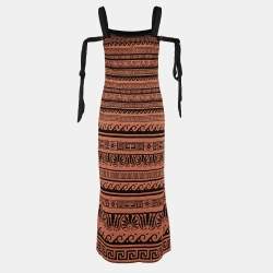 Pre Owned Chanel Terracotta & Black Knit Antique Grecian Intarsia Knit Maxi Dress M