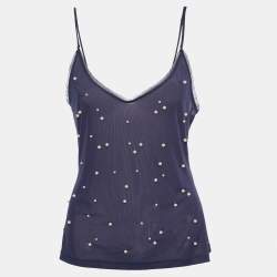 Chanel Navy Blue Pearl Embellished Jersey Camisole Top M