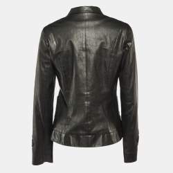 Pre Owned Chanel Black Camelia Cutout Leather Button Front Jacket M