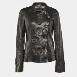 Pre Owned Chanel Black Camelia Cutout Leather Button Front Jacket M