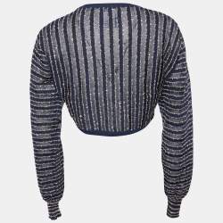 Chanel Navy Blue Striped Lurex Knit Button Front Shrug M