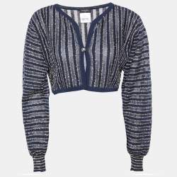 Chanel Navy Blue Striped Lurex Knit Button Front Shrug M
