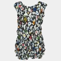 Pre Owned Chanel Black CC Illustration Print Cotton Jersey Ruffled Top L