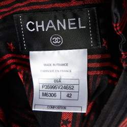 Chanel Black/Red Star Striped Silk Pleated Sheer Shirt L