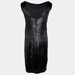 Chanel Metallic Black Bristled  Velvet Sleeveless Elasticated Hem Dress L