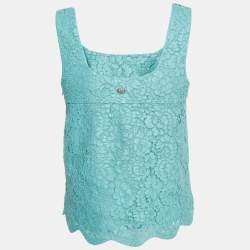 Chanel Blue Floral Pattern Lace Sleeveless Top S
