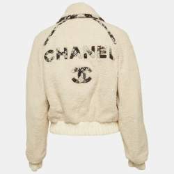 Pre Owned Chanel Off-White Logo Woven Shearling Zipper Jacket S