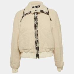 Pre Owned Chanel Off-White Logo Woven Shearling Zipper Jacket S