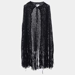 Chanel Black Wool Open Braid Fringed Cape L