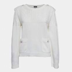 مملوكة مسبقًا Chanel White Cable Knit Crew Neck Sweater L