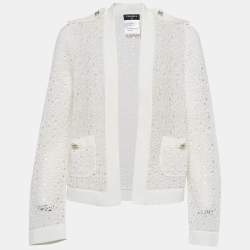 Pre Owned Chanel Off White Perforated Crochet Knit Open Front Cardigan M