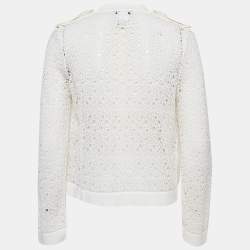 Pre Owned Chanel Off White Perforated Crochet Knit Open Front Cardigan M