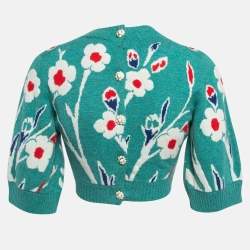 Chanel Blue Floral Intarsia Cashmere Knit Back Buttoned Cropped Sweater S