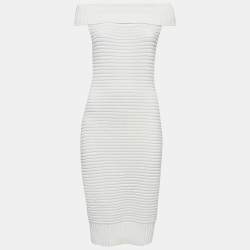 Pre Owned Chanel White Cotton Rib Knit Off-Shoulder Fitted Midi Dress L