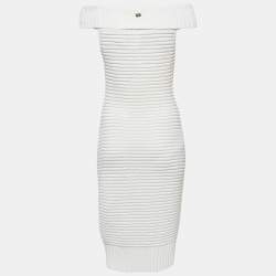 Pre Owned Chanel White Cotton Rib Knit Off-Shoulder Fitted Midi Dress L