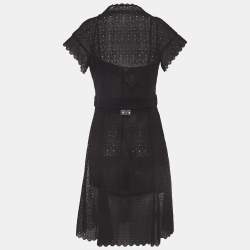 Pre Owned Chanel Black Cotton Crochet Semi Sheer Buttoned Wrap Dress M