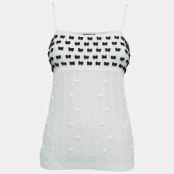 Pre Owned Chanel White Perforated Knit Bow Appliqued Sleeveless Top L