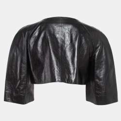 Pre Owned Chanel Black Leather Pearl Button Detail Cropped Jacket M