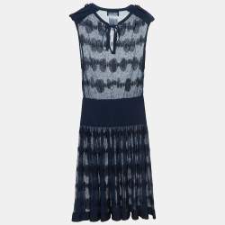 Pre Owned Chanel Navy Blue Polka Dots Knit Short Dress S