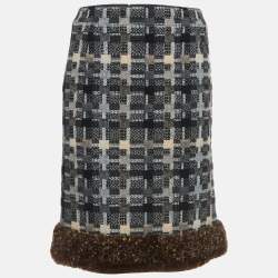Chanel Black/Grey Patterned Wool Fur Trimmed Skirt S