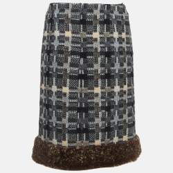 Chanel Black/Grey Patterned Wool Fur Trimmed Skirt S