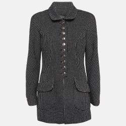 Pre Owned Chanel Black and Metallic Silver Tweed Coat M